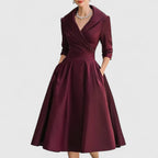 women's wrap bodice midi dress with pockets in deep red