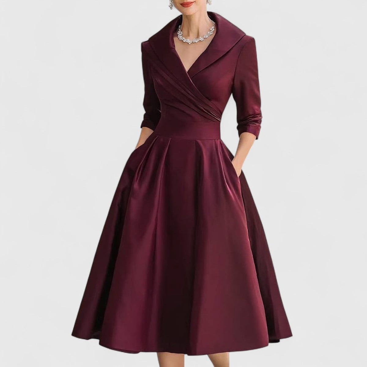 women's wrap bodice midi dress with pockets in deep red