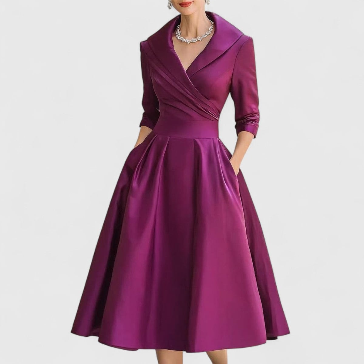 women's wrap bodice midi dress with pockets in purple