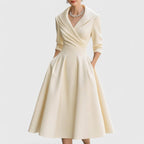 women's wrap bodice midi dress with pockets in beige
