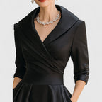women's wrap bodice midi dress with pockets in black