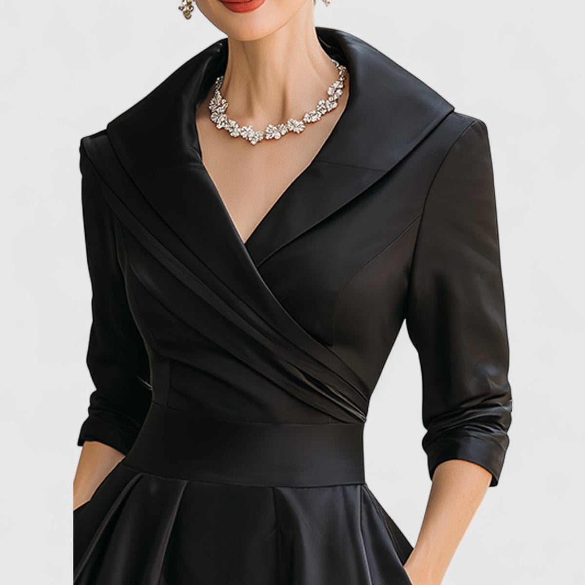 women's wrap bodice midi dress with pockets in black