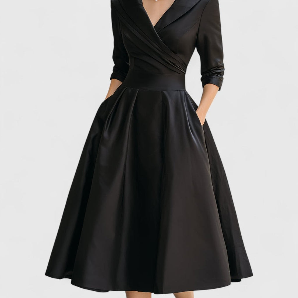 women's wrap bodice midi dress with pockets in black