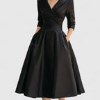 women's wrap bodice midi dress with pockets in black
