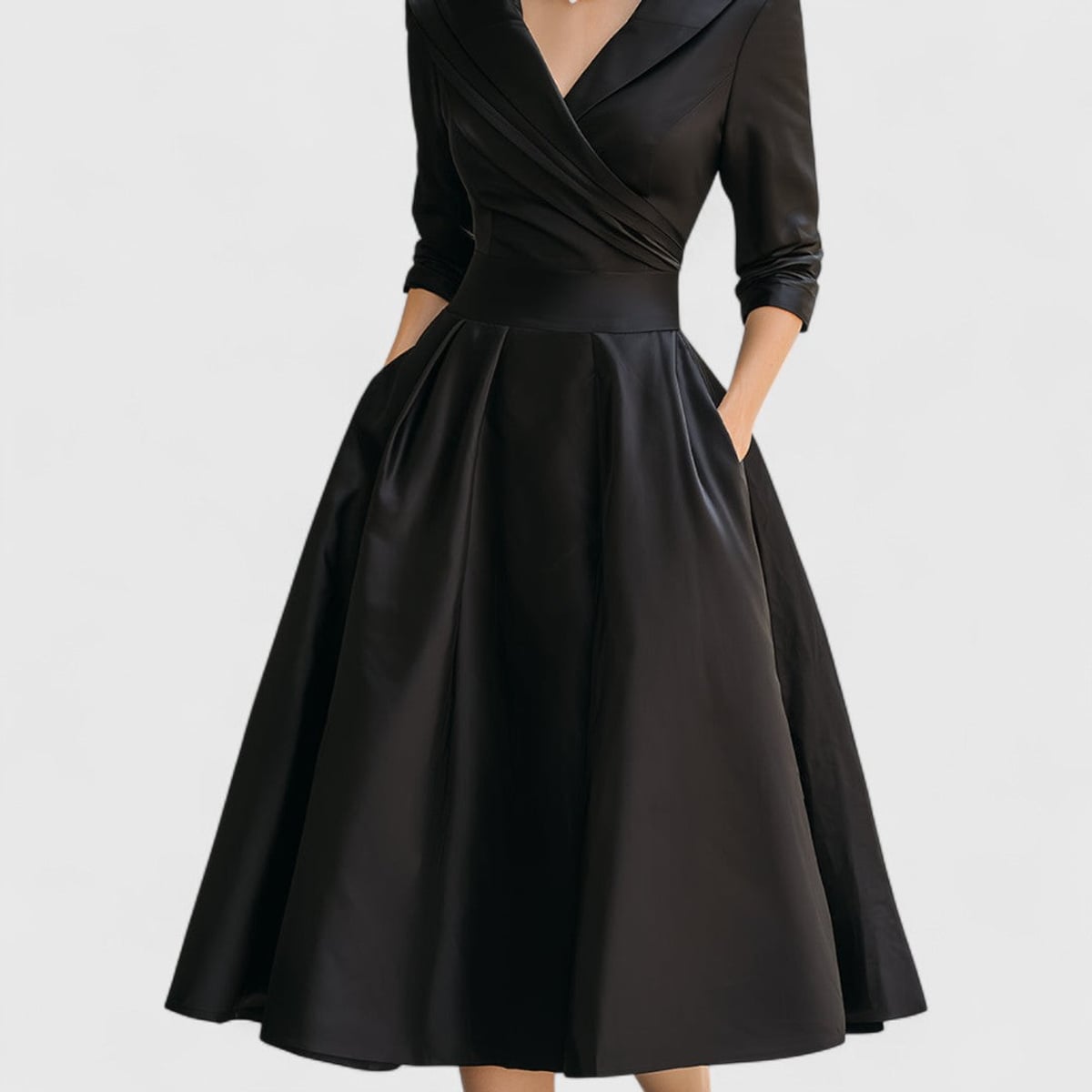 women's wrap bodice midi dress with pockets in black
