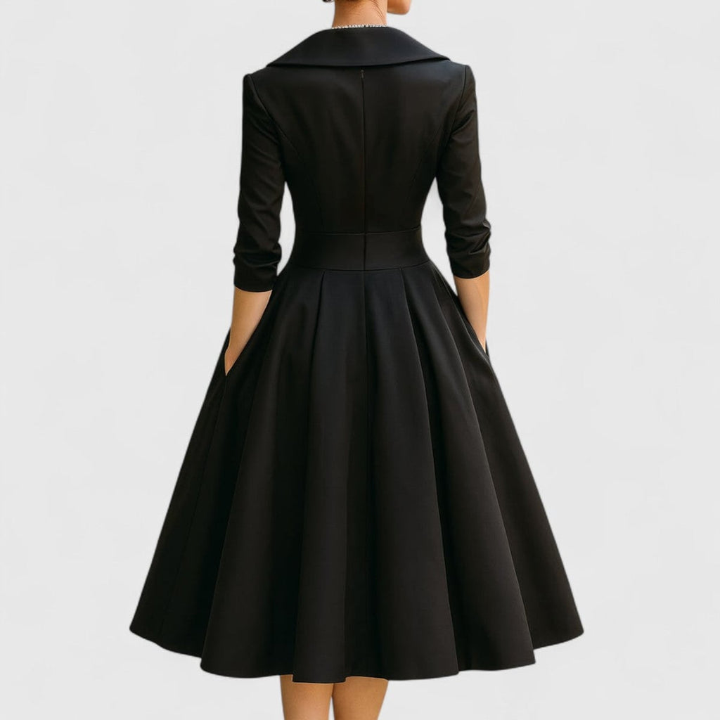 women's wrap bodice midi dress with pockets in black