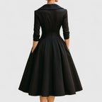 women's wrap bodice midi dress with pockets in black