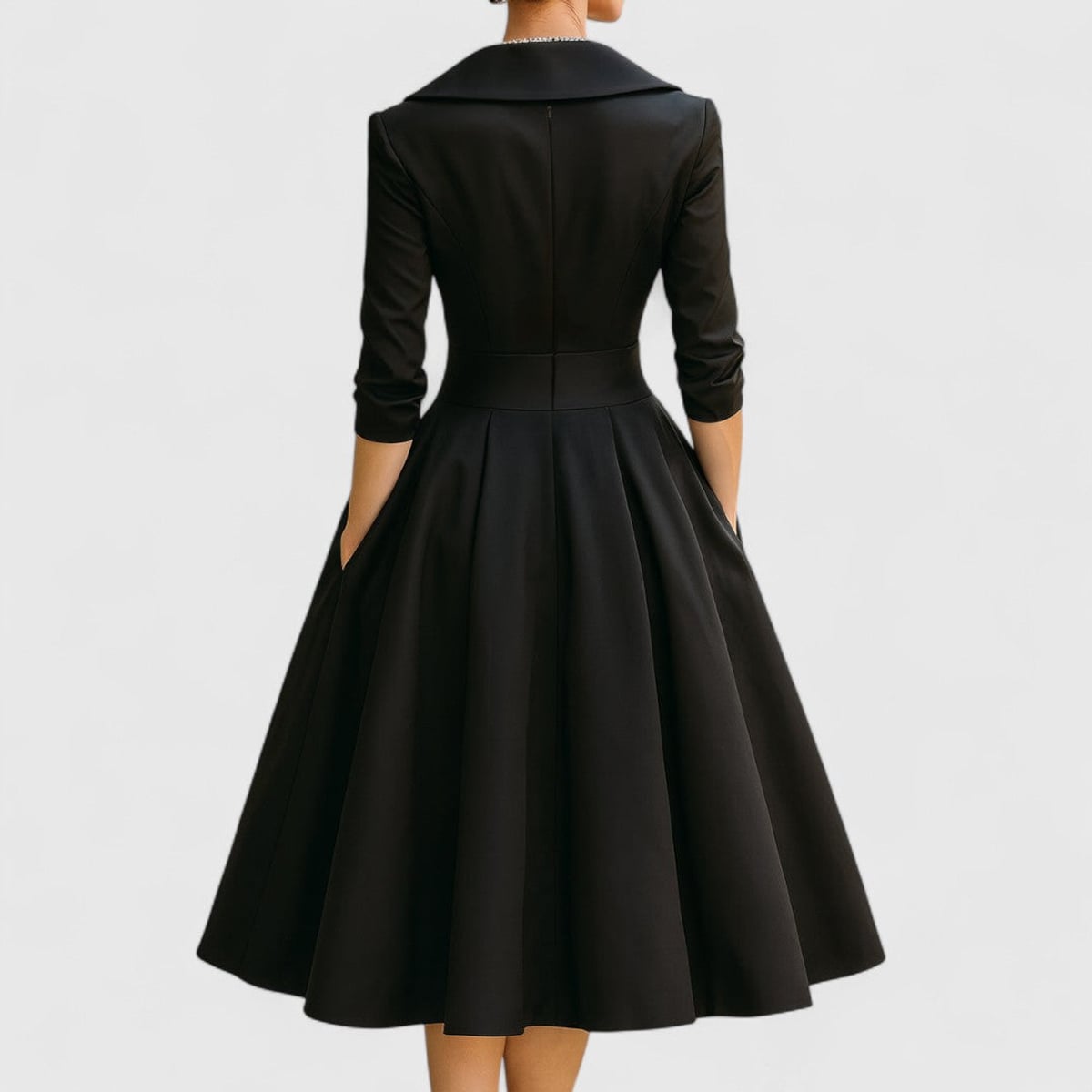 women's wrap bodice midi dress with pockets in black