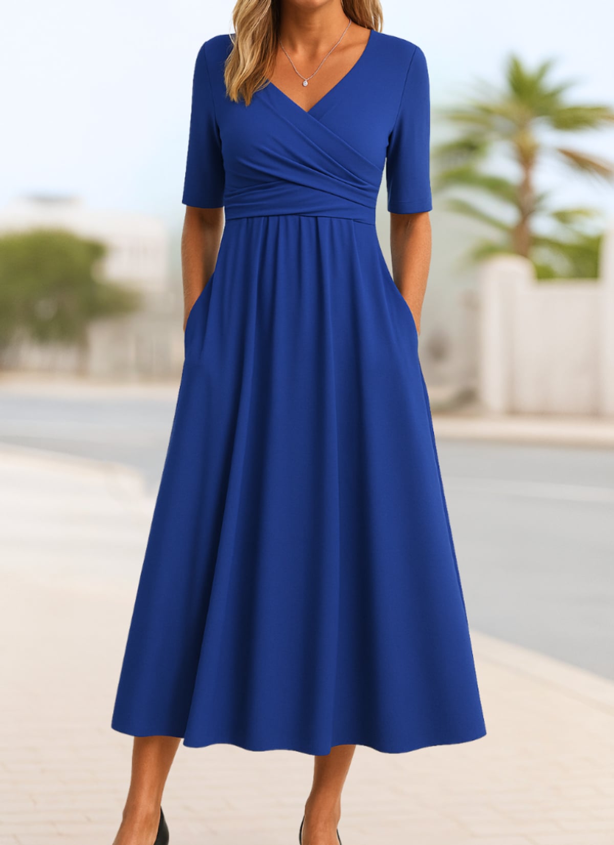 women's wrap front midi dress with pockets in navy blue