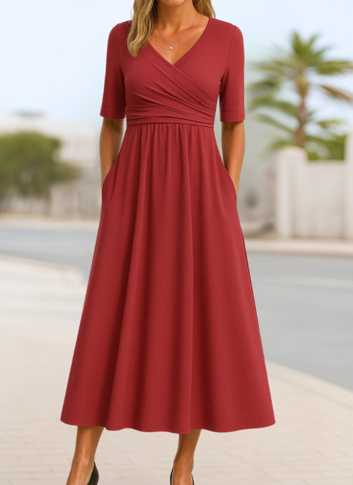 women's wrap front midi dress with pockets in red