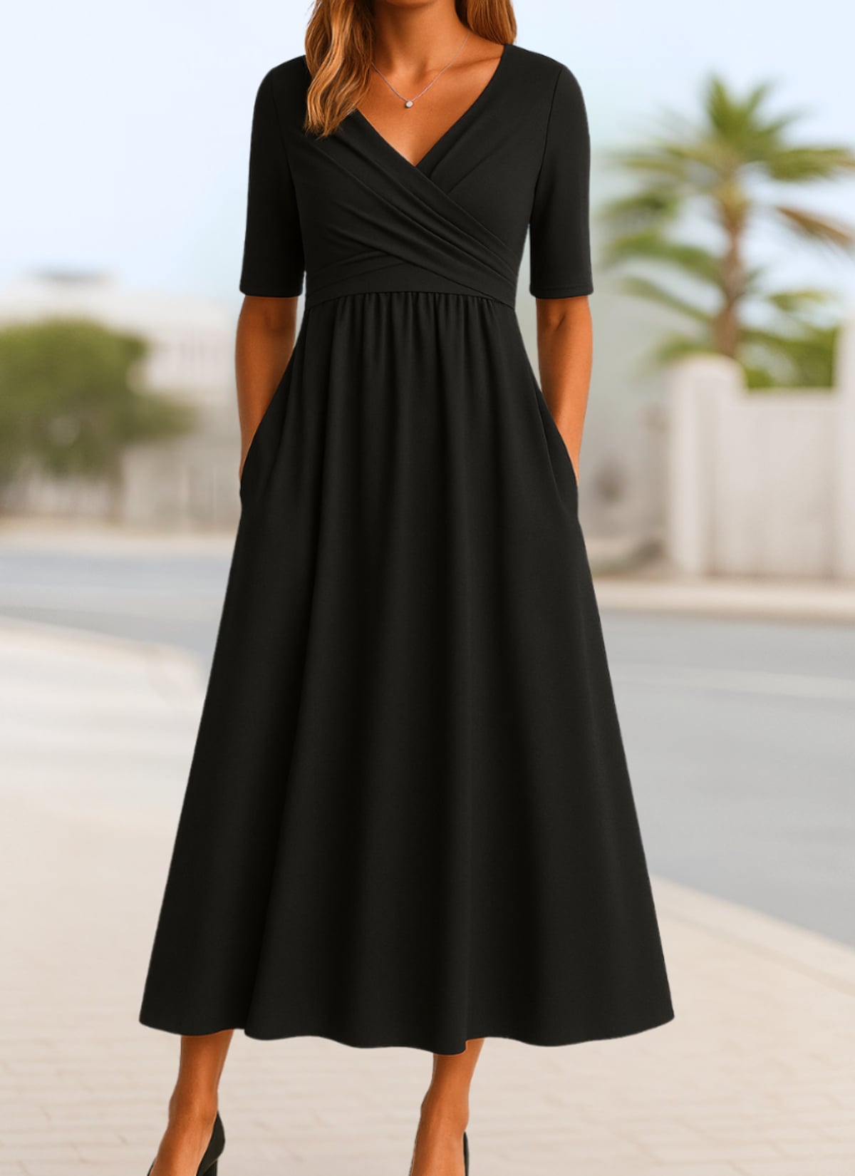 women's wrap front midi dress with pockets in black