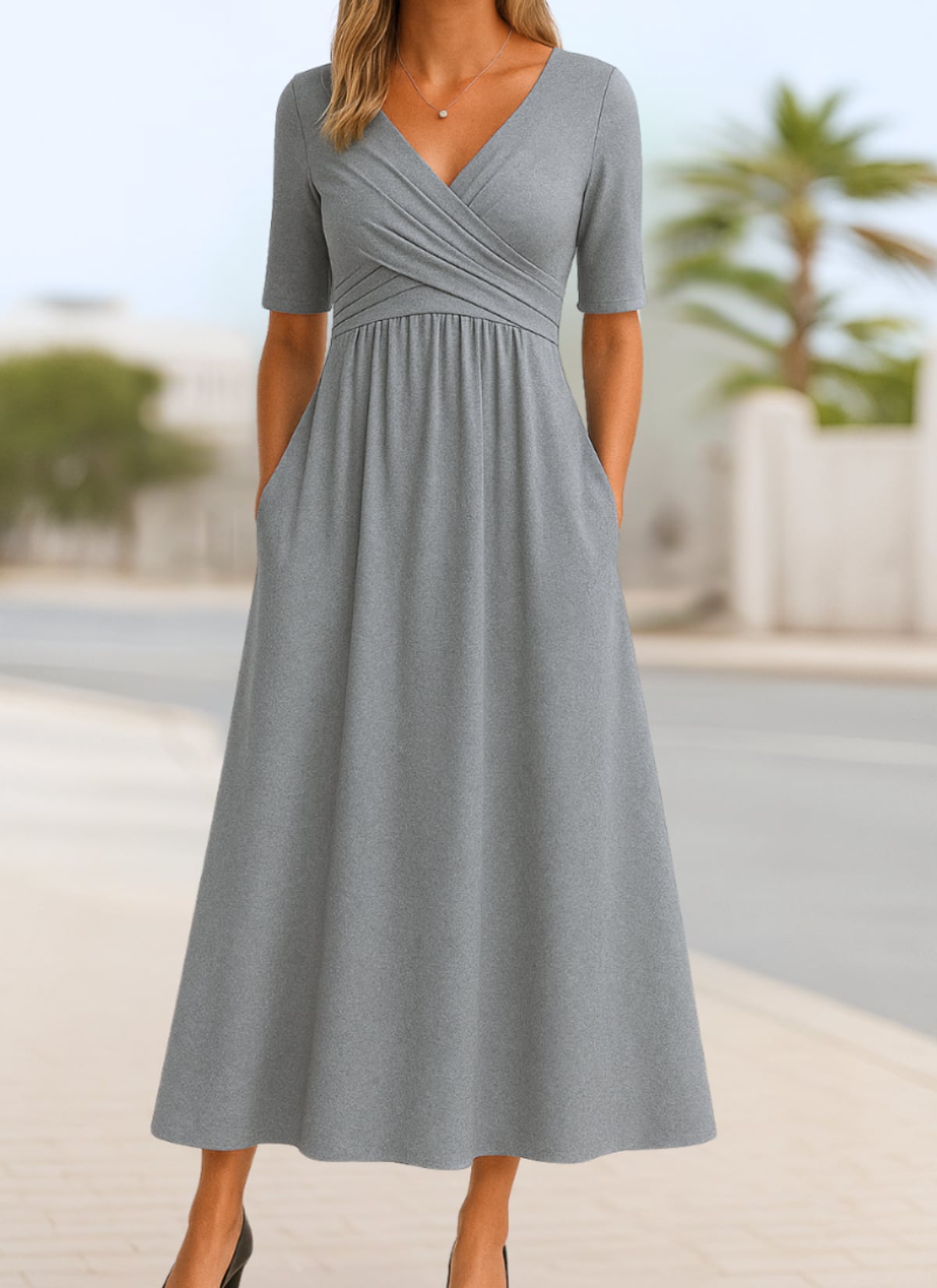women's wrap front midi dress with pockets in gray