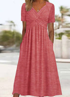 women's wrap front midi dress with pockets in pink