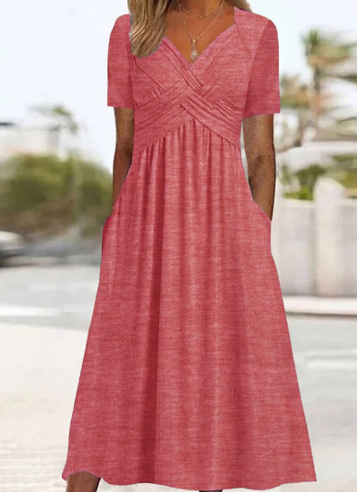 women's wrap front midi dress with pockets in pink