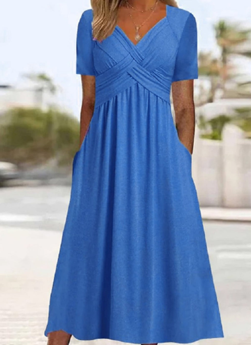 women's wrap front midi dress with pockets in light blue