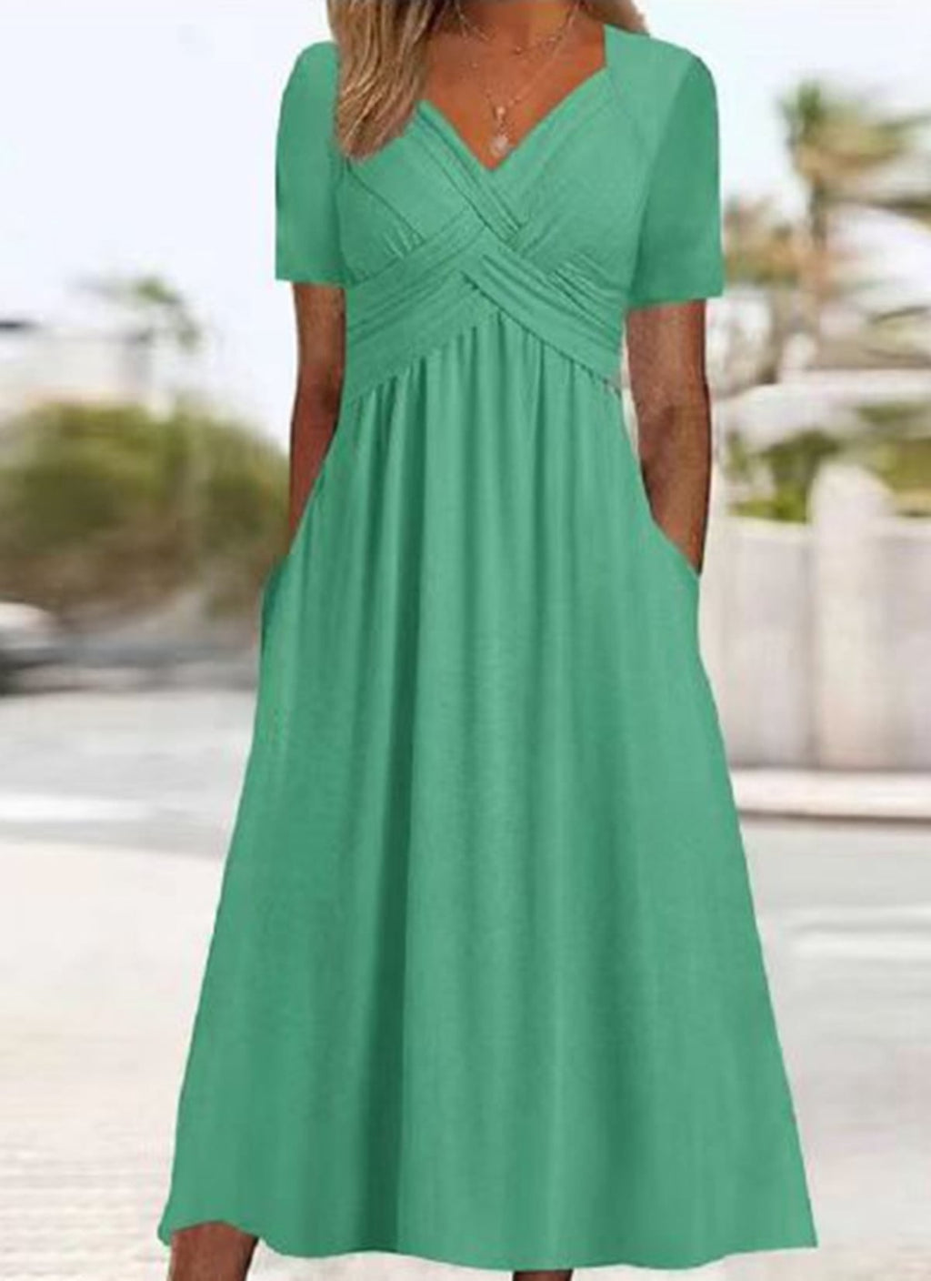 women's wrap front midi dress with pockets in green