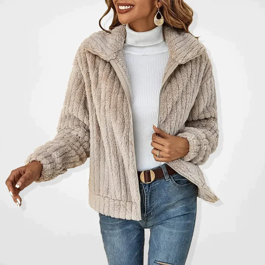 women's zip-up fluffy cardigan in beige