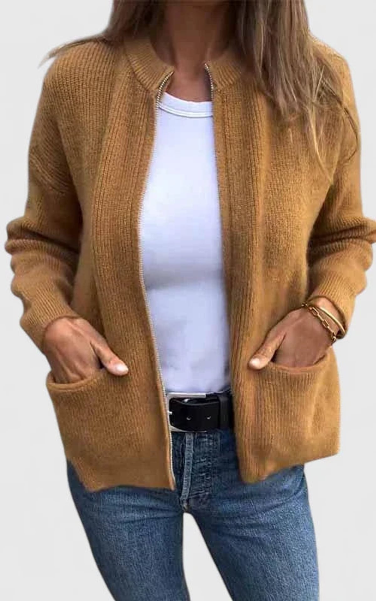 women's zip-up knit cardigan jacket in brown