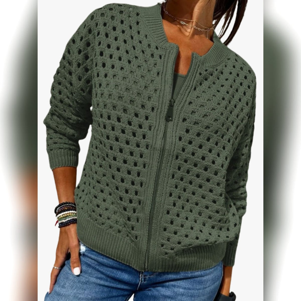 women's zip-up openwork knit cardigan