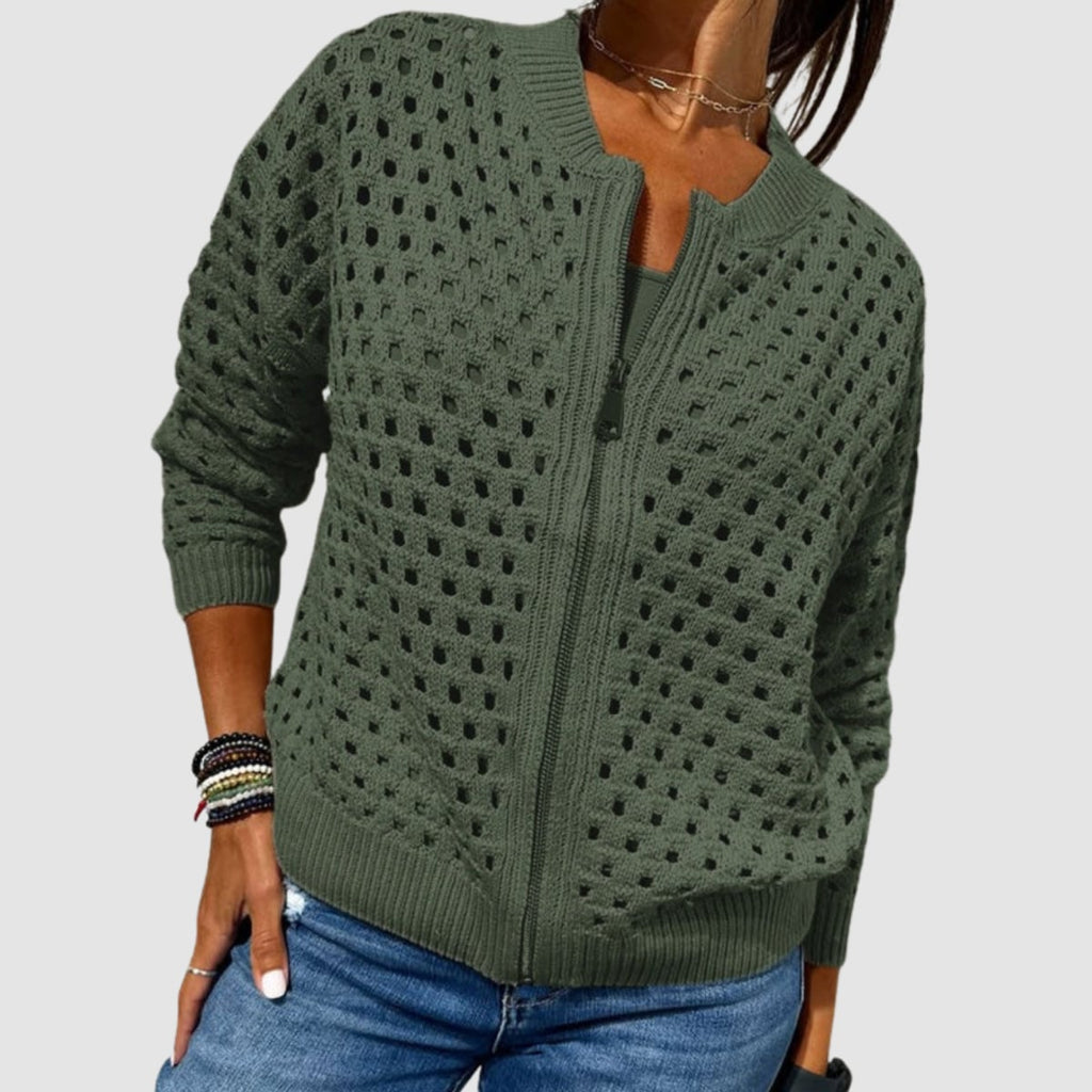 women's zip-up openwork knit cardigan in green