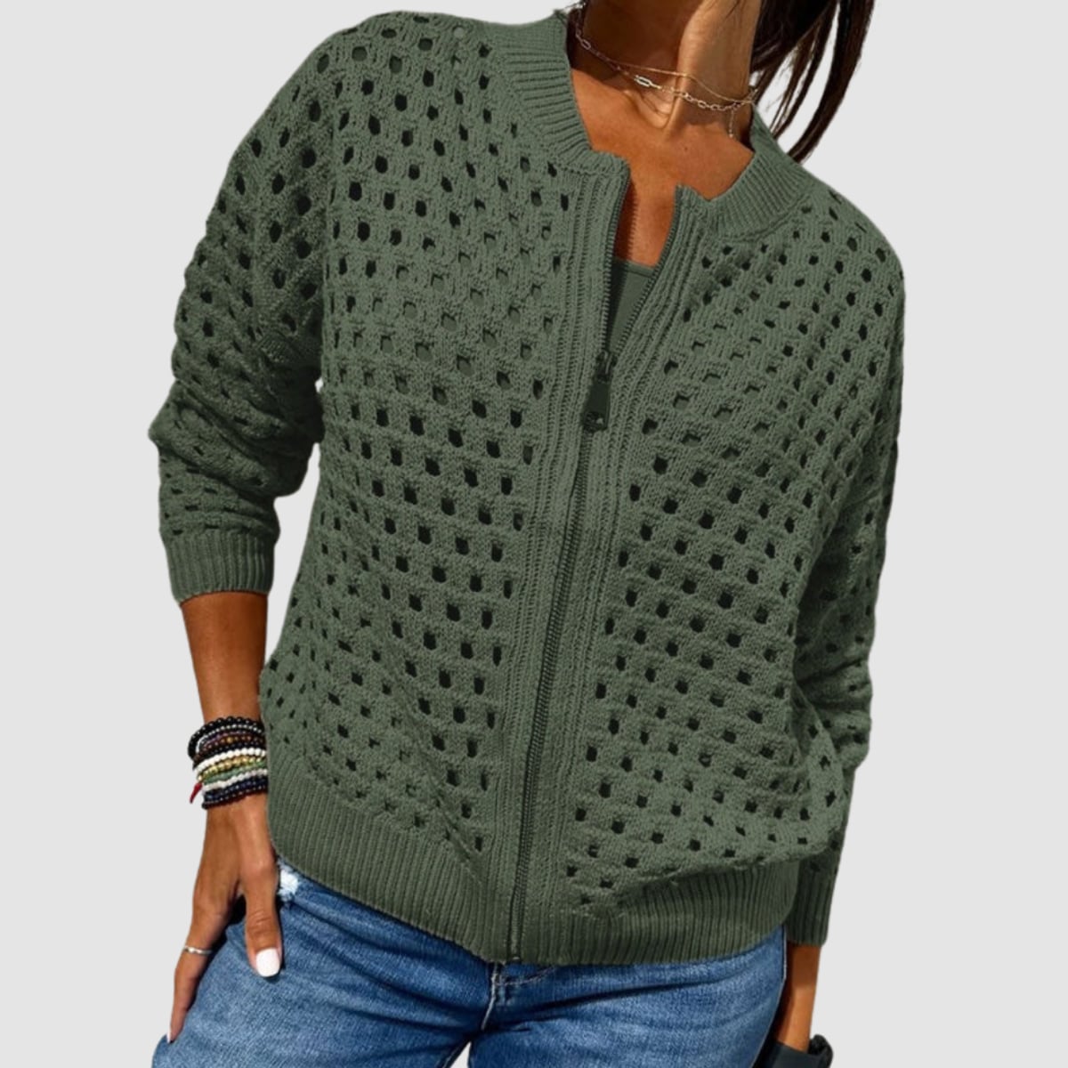 women's zip-up openwork knit cardigan in green