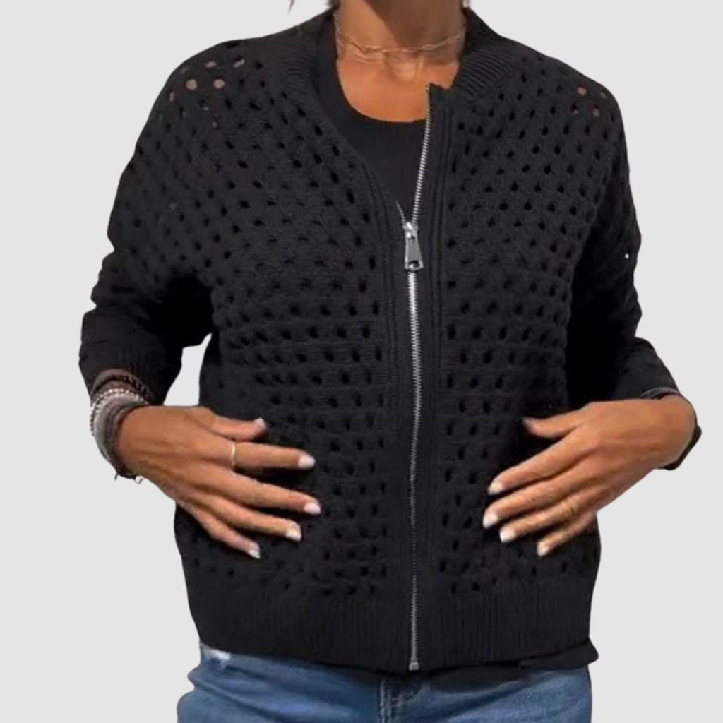 women's zip-up openwork knit cardigan in black
