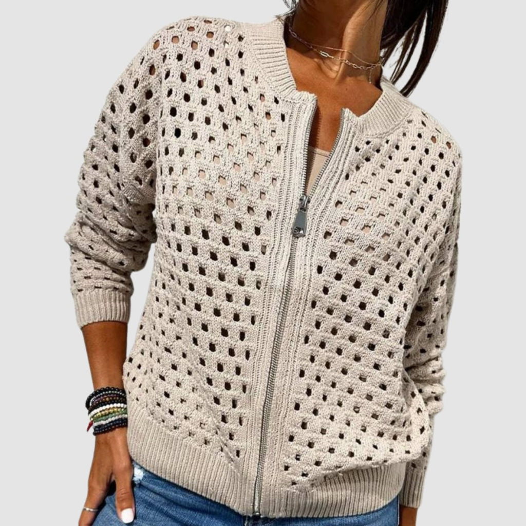 women's zip-up openwork knit cardigan in apricot