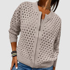 women's zip-up openwork knit cardigan in khaki