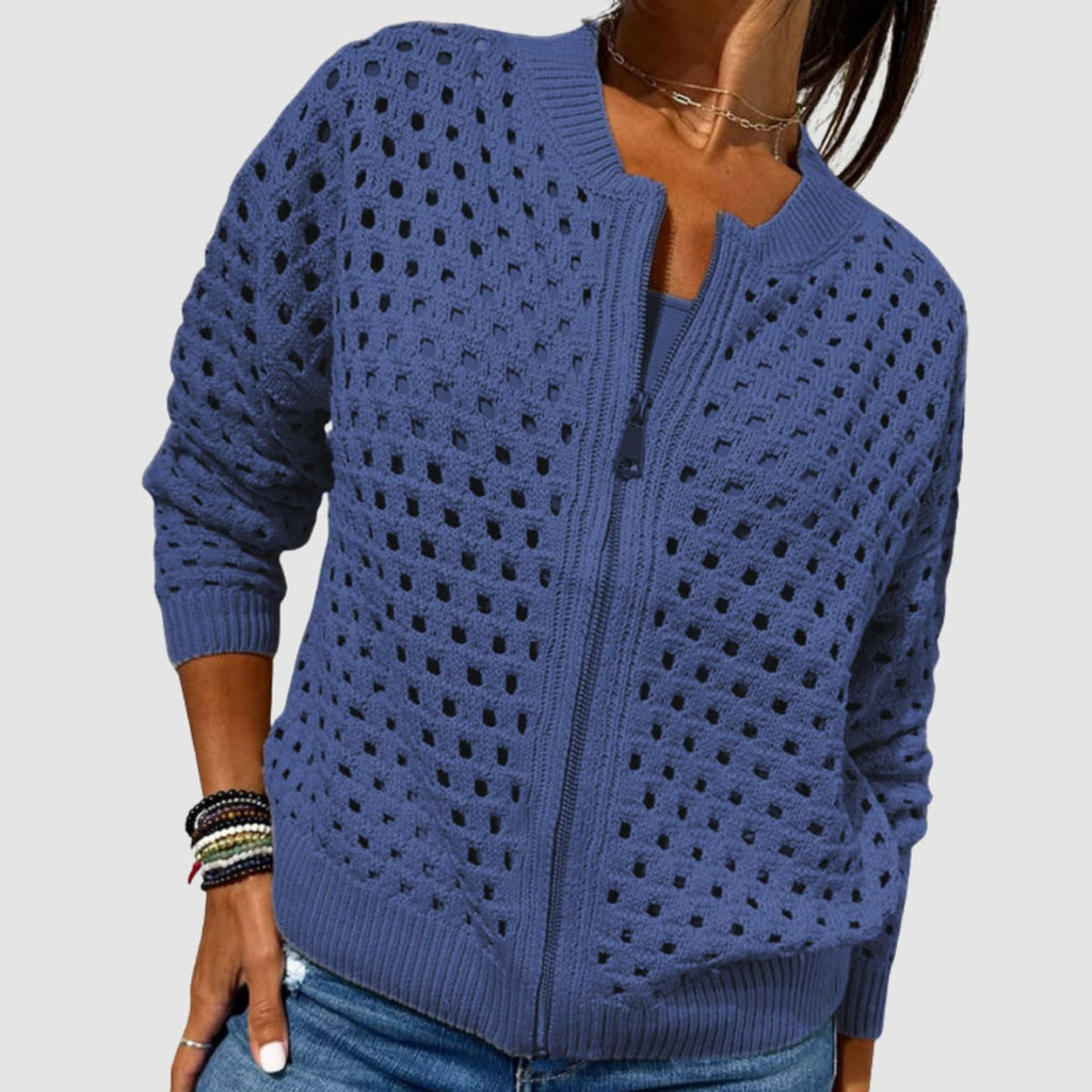 women's zip-up openwork knit cardigan in blue