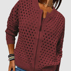 women's zip-up openwork knit cardigan in wine red