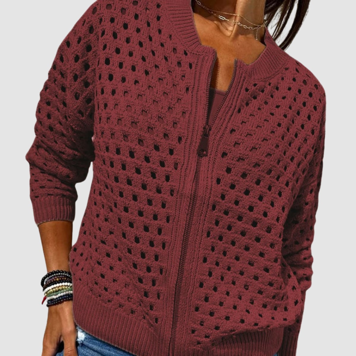 women's zip-up openwork knit cardigan in wine red