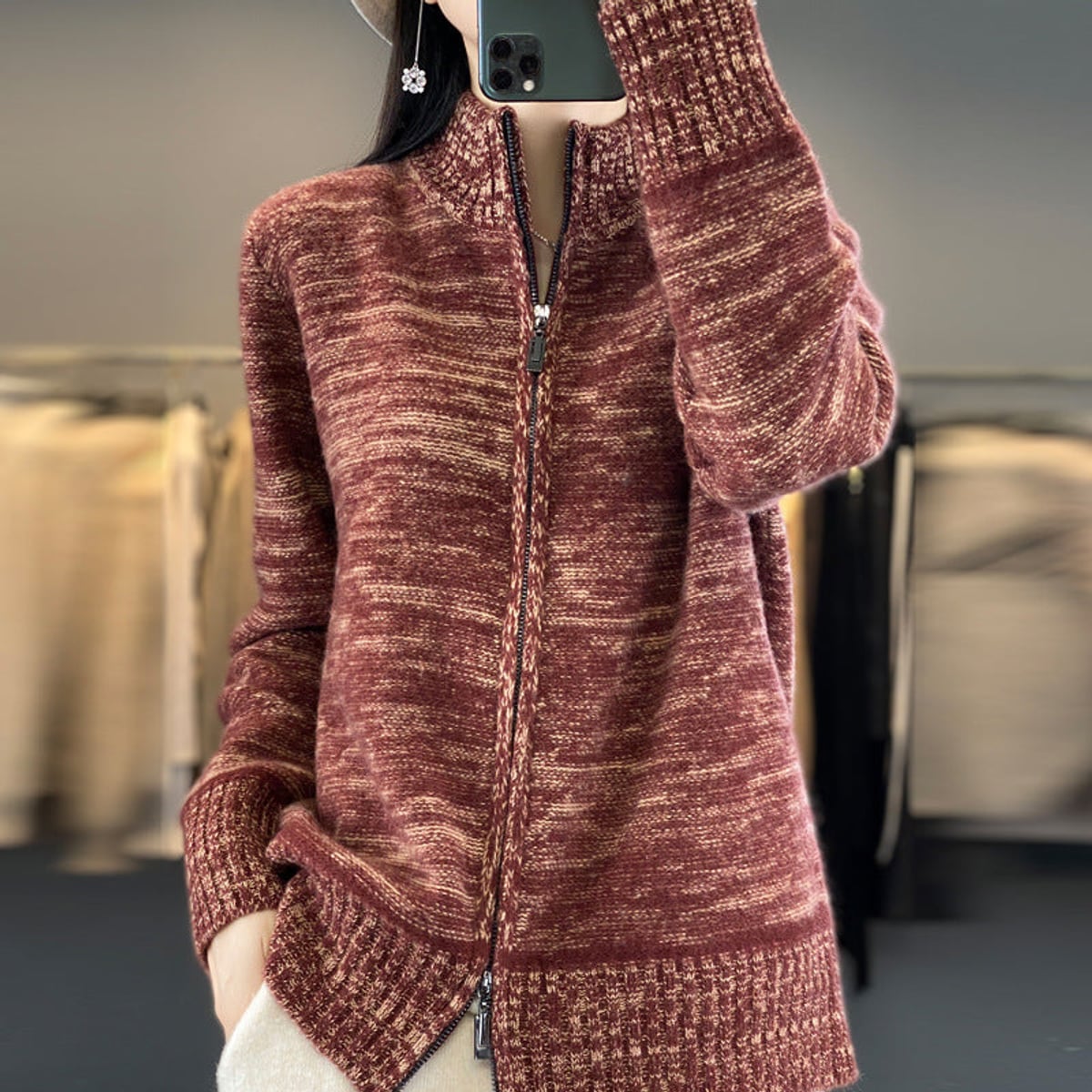 women's zip-up stand collar knit cardigan
