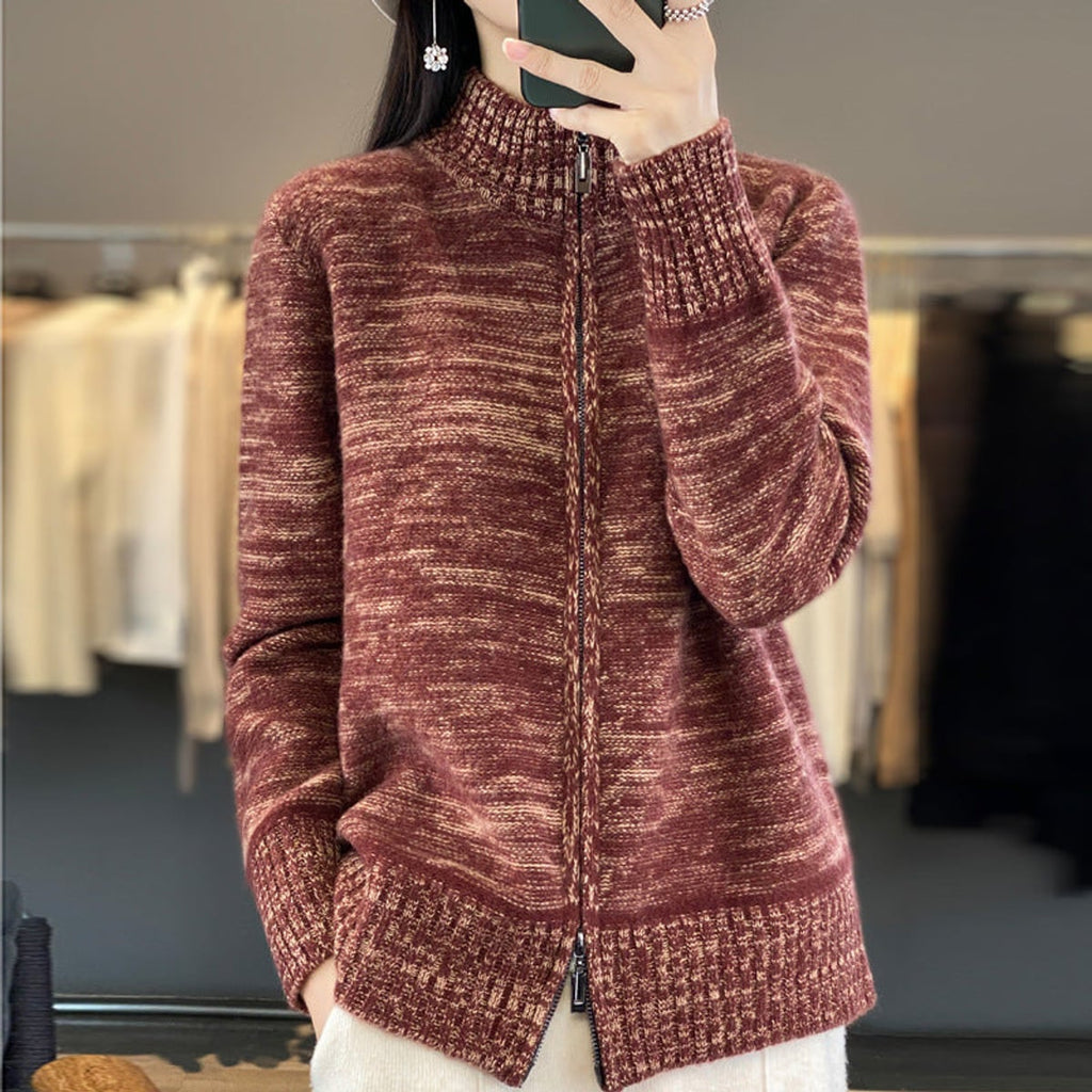 women's zip-up stand collar knit cardigan in red