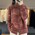 women's zip-up stand collar knit cardigan in red