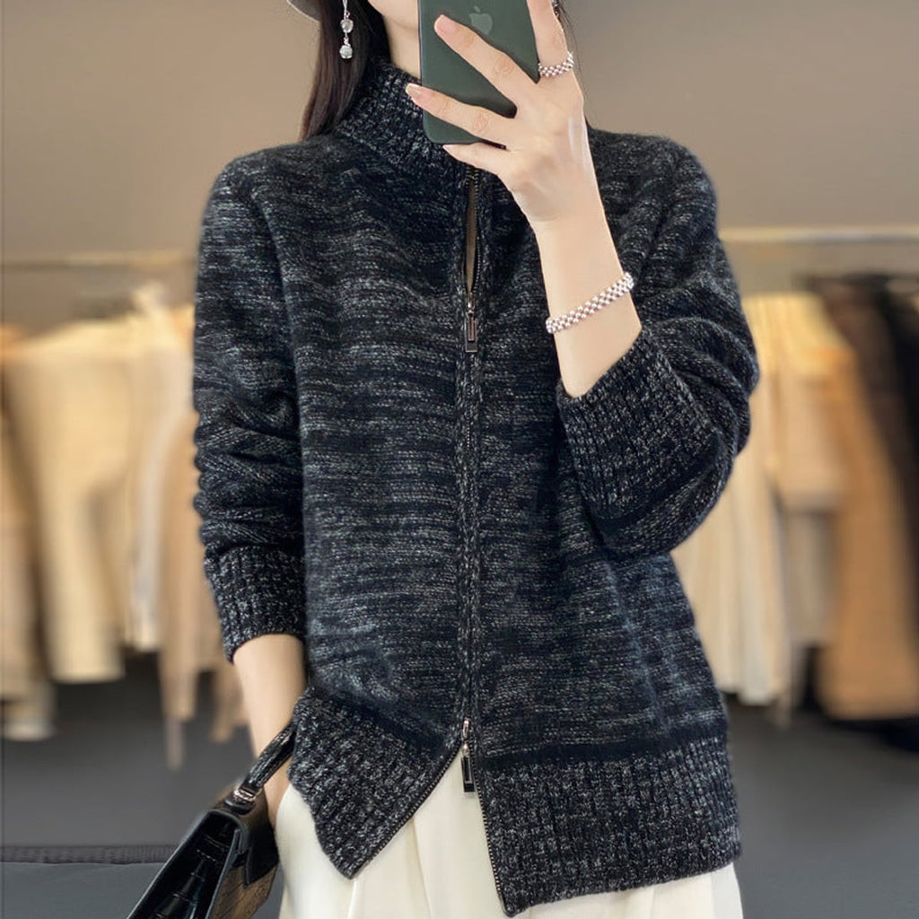 women's zip-up stand collar knit cardigan in black with floral pattern