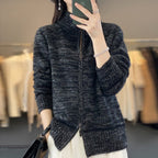 women's zip-up stand collar knit cardigan in black with floral pattern