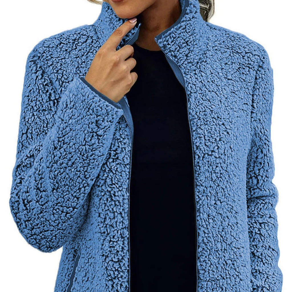 women's zip-up teddy jacket with stand collar in blue