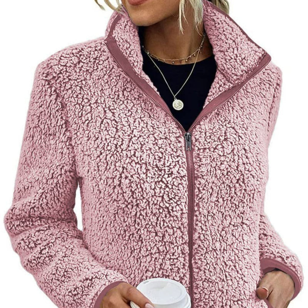 women's zip-up teddy jacket with stand collar in pink