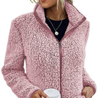 women's zip-up teddy jacket with stand collar in pink