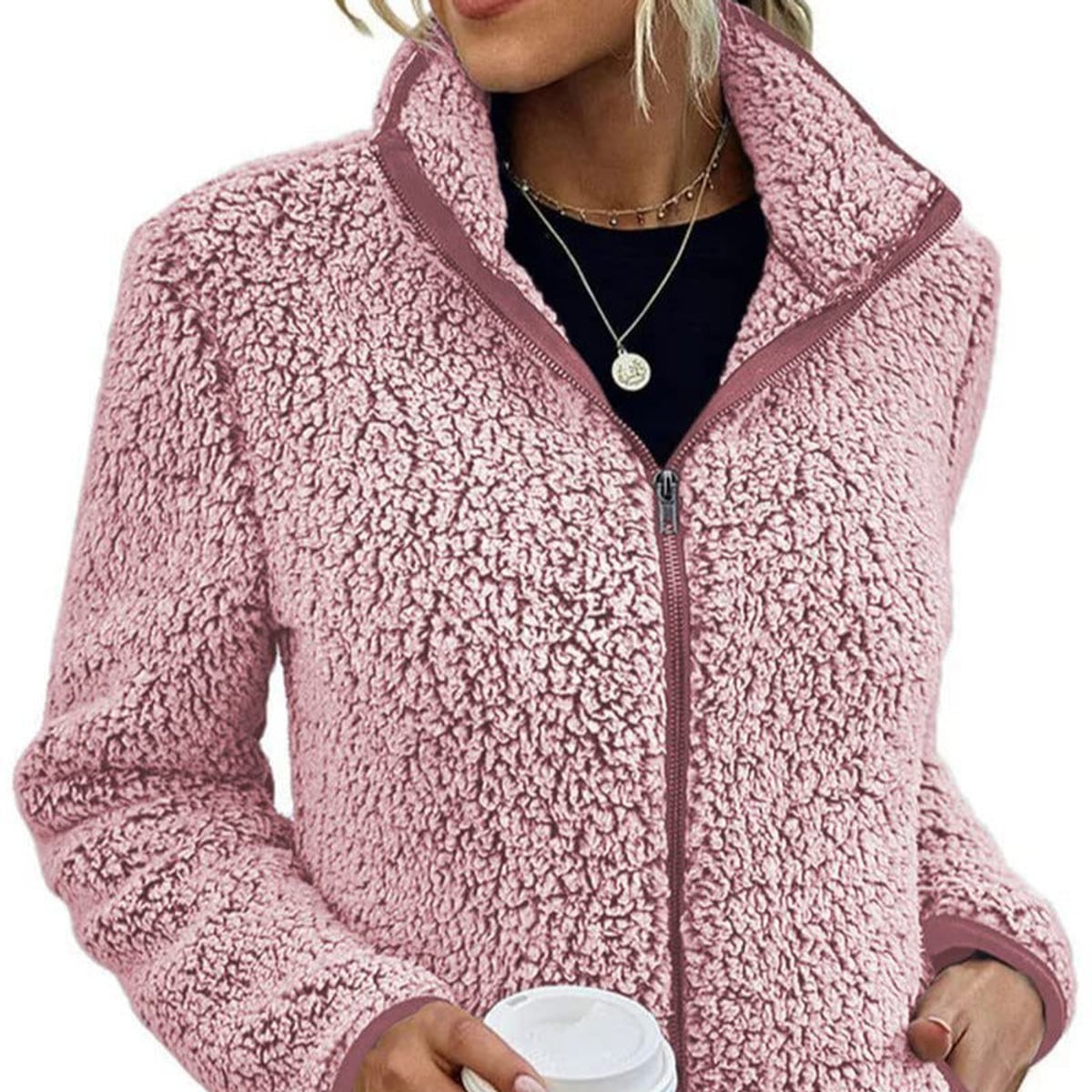 women's zip-up teddy jacket with stand collar in pink