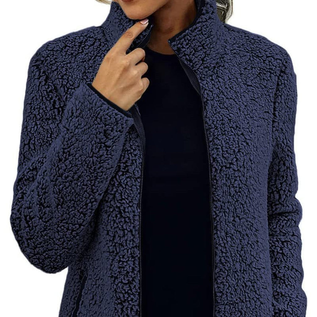 women's zip-up teddy jacket with stand collar in dark blue