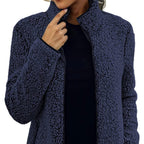 women's zip-up teddy jacket with stand collar in dark blue
