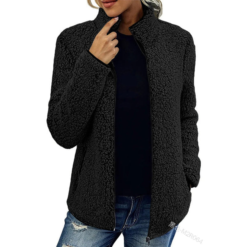 women's zip-up teddy jacket with stand collar in black