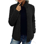 women's zip-up teddy jacket with stand collar in black