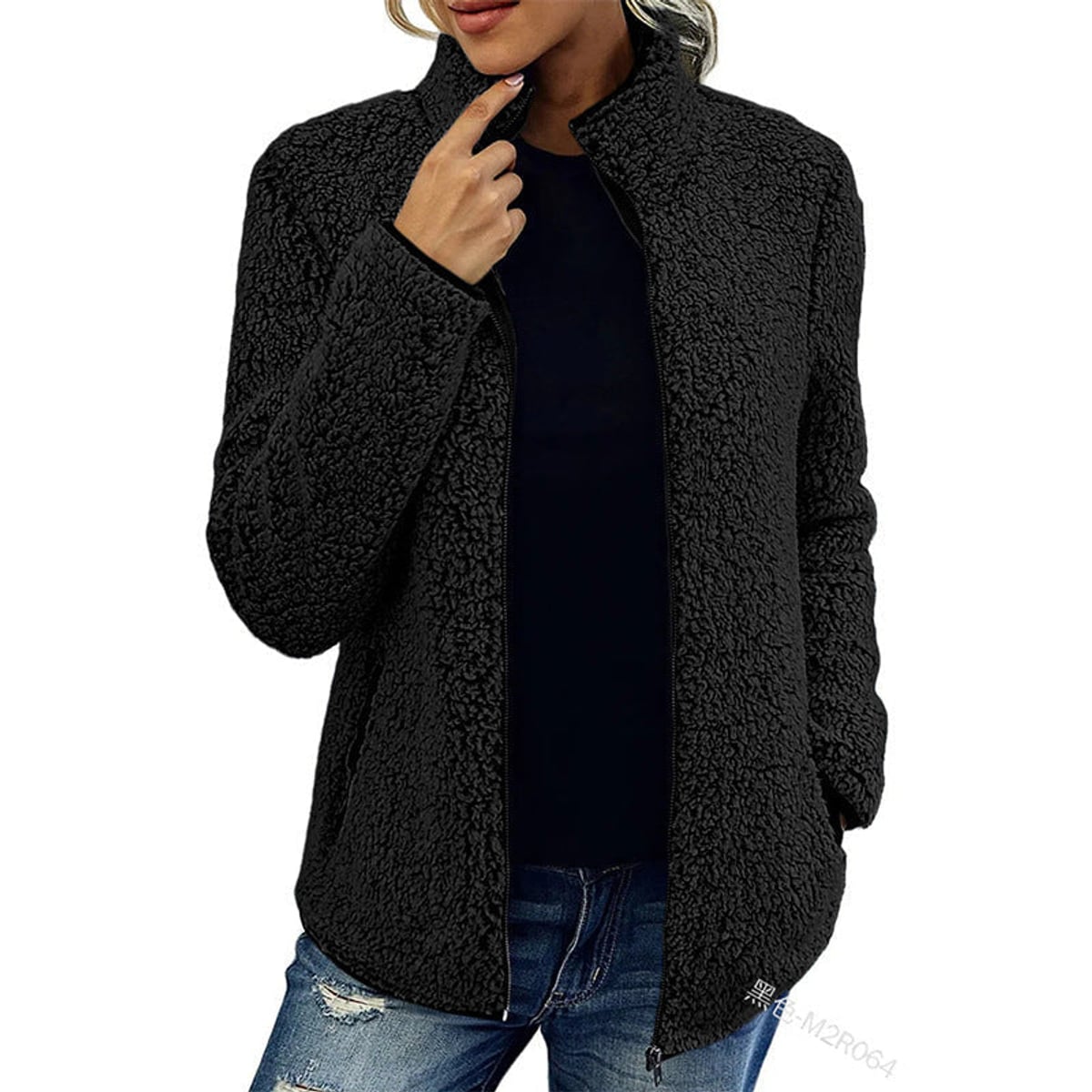 women's zip-up teddy jacket with stand collar in black