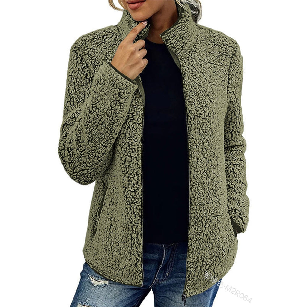 women's zip-up teddy jacket with stand collar in olive green