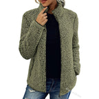 women's zip-up teddy jacket with stand collar in olive green