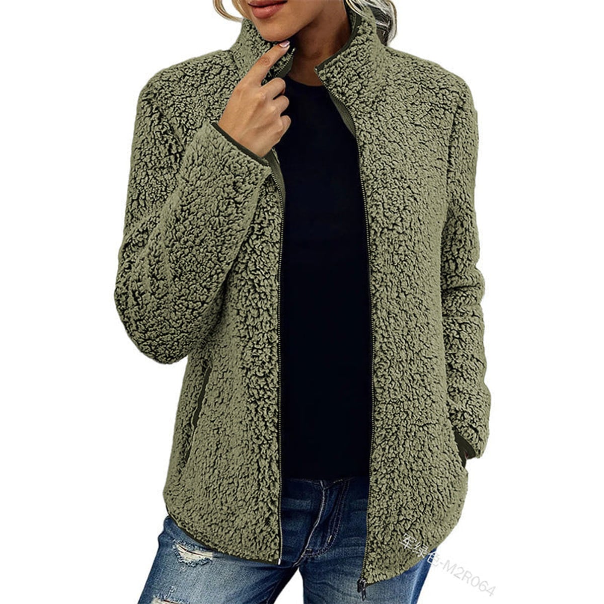 women's zip-up teddy jacket with stand collar in olive green