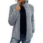 women's zip-up teddy jacket with stand collar in gray