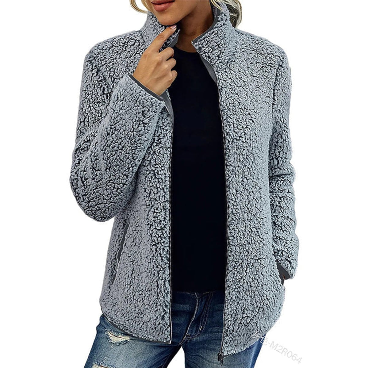 women's zip-up teddy jacket with stand collar in gray